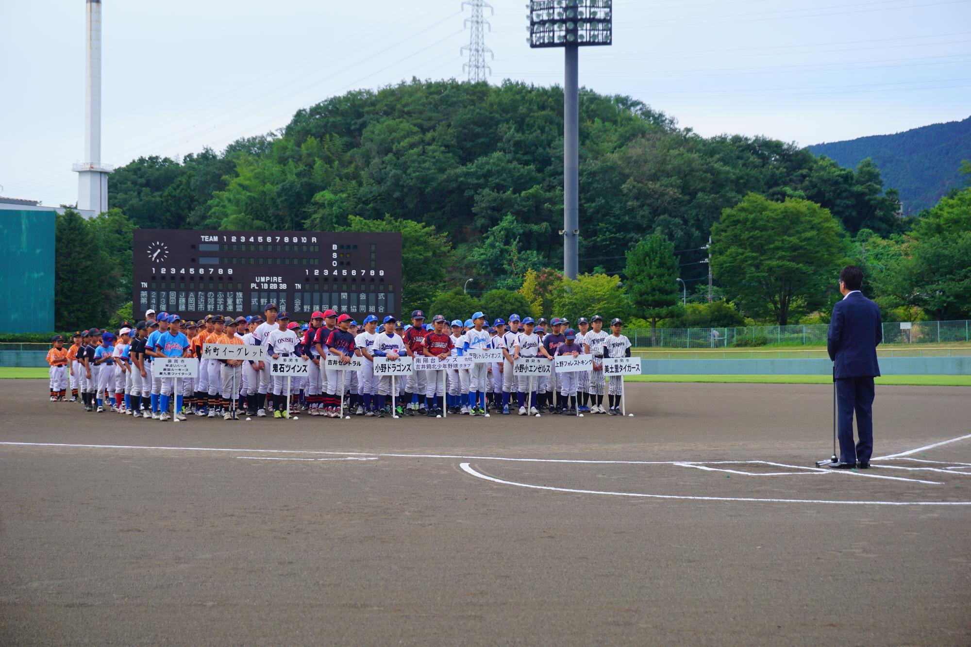 R08JAたのふじ野球大会開会式で挨拶する新井市長