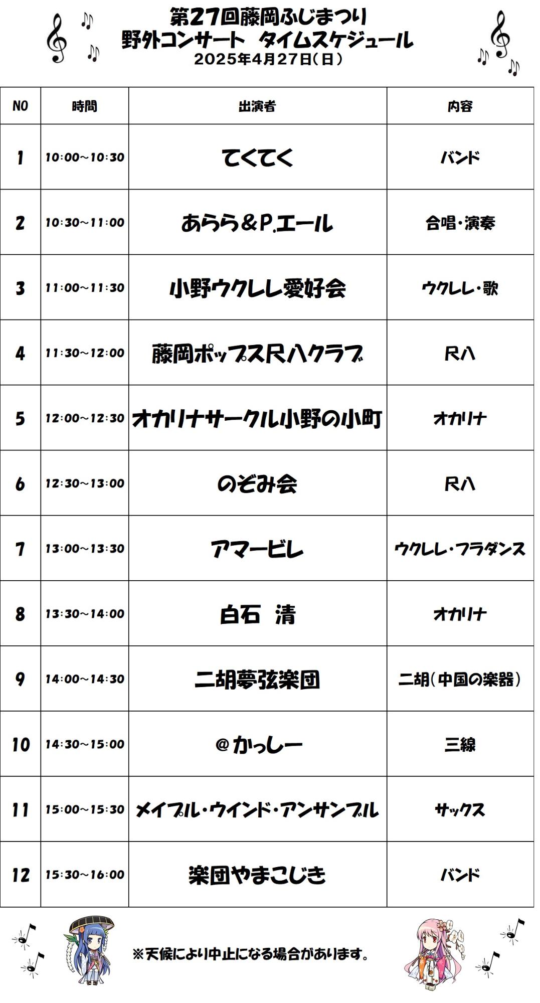 野外コンサートスケジュール