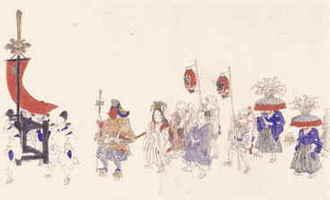 菊川英山筆の富士浅間神社祭礼絵巻の一部で猿田彦とウズメの見える写真